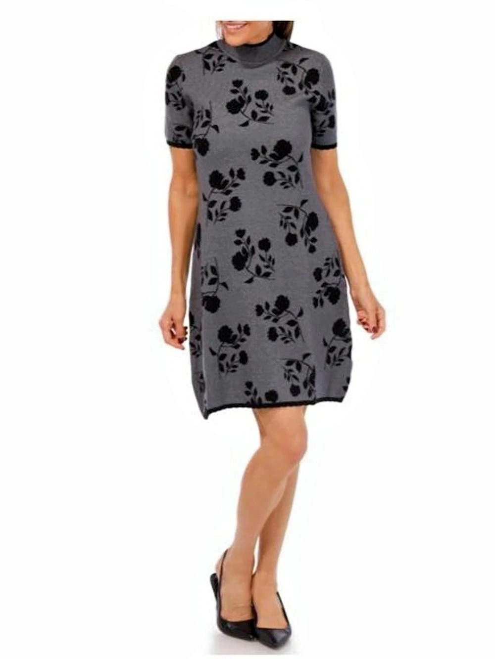 NWT Ellen Tracy Short Sleeve Jacquard Dress Floral Jacquard Mini Dress in Gray S